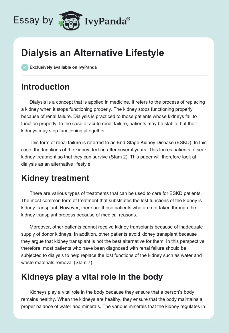 Dialysis an Alternative Lifestyle. Page 1