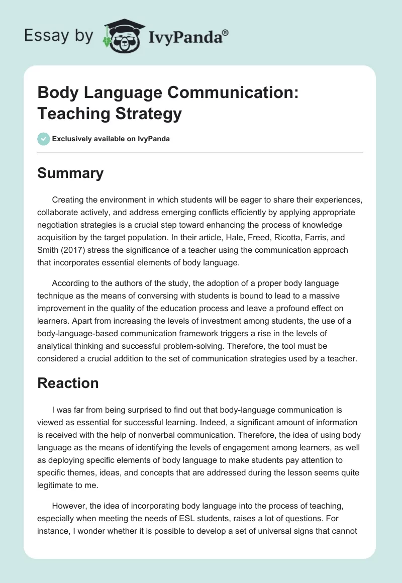 Body Language Communication: Teaching Strategy. Page 1