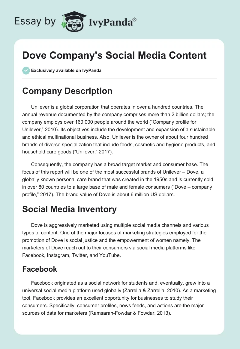 Dove Company's Social Media Content. Page 1