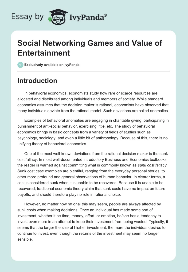 Social Networking Games and Value of Entertainment. Page 1