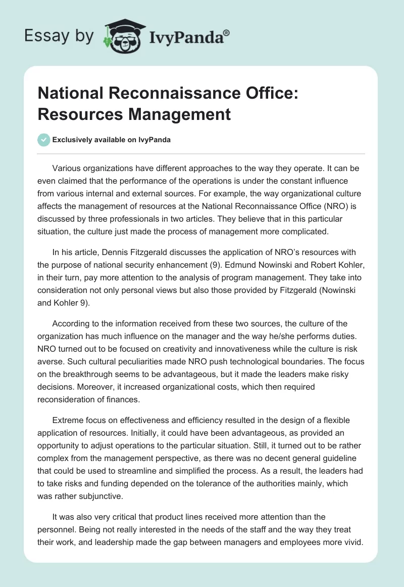 National Reconnaissance Office: Resources Management. Page 1