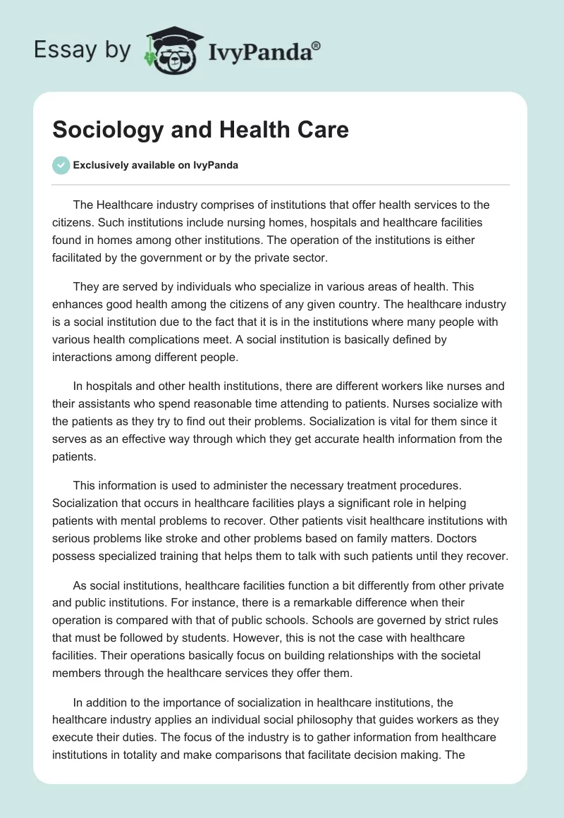 Sociology and Health Care. Page 1