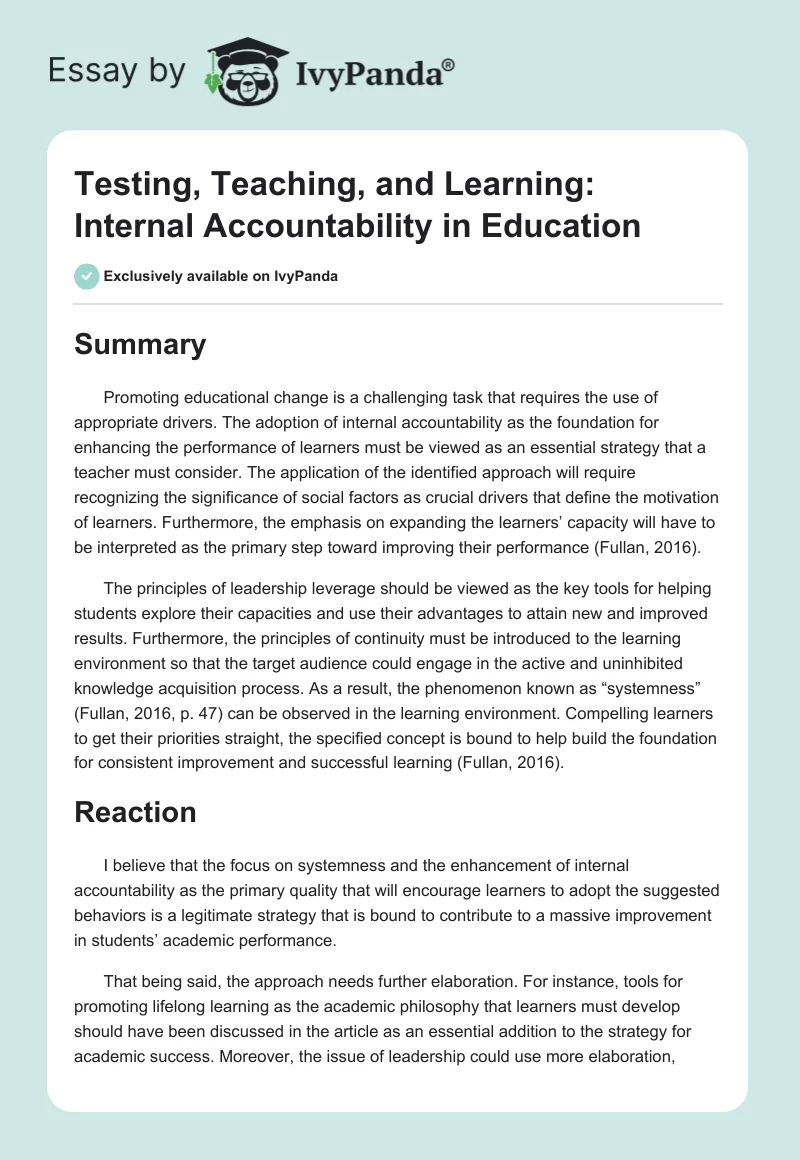 Testing, Teaching, and Learning: Internal Accountability in Education. Page 1
