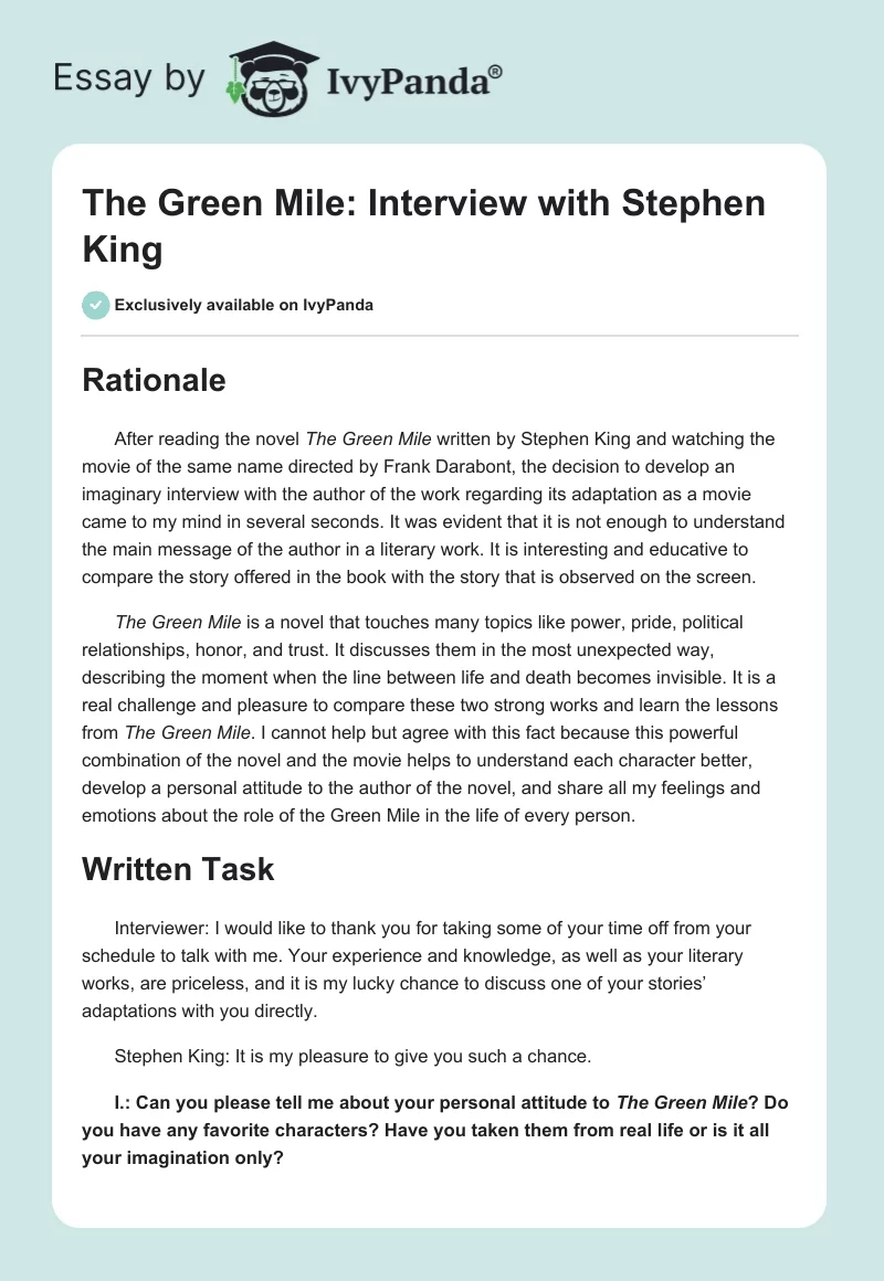 The Green Mile: Interview with Stephen King. Page 1