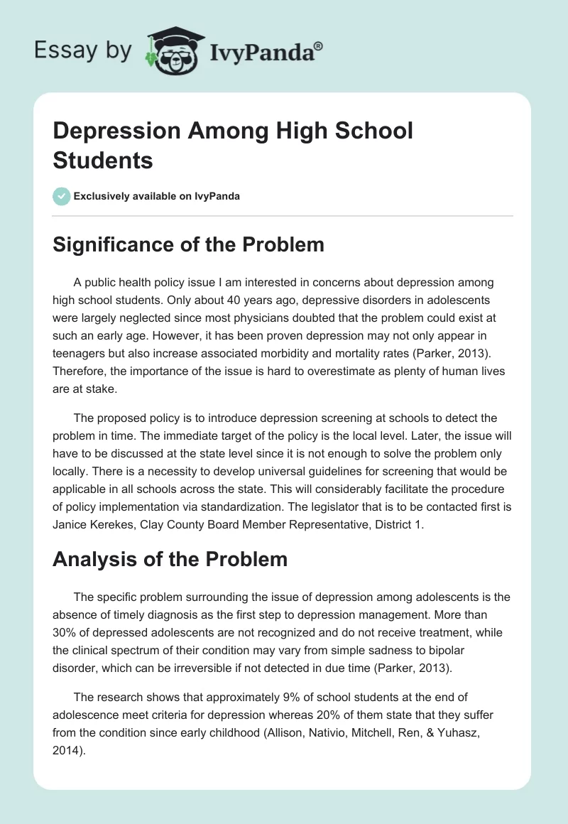 Depression Among High School Students. Page 1