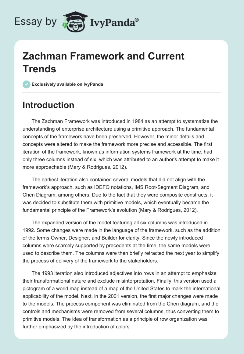 Zachman Framework and Current Trends. Page 1