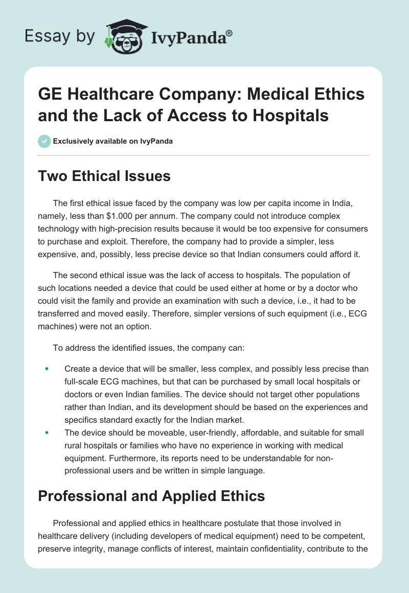 GE Healthcare Company: Medical Ethics and the Lack of Access to Hospitals. Page 1