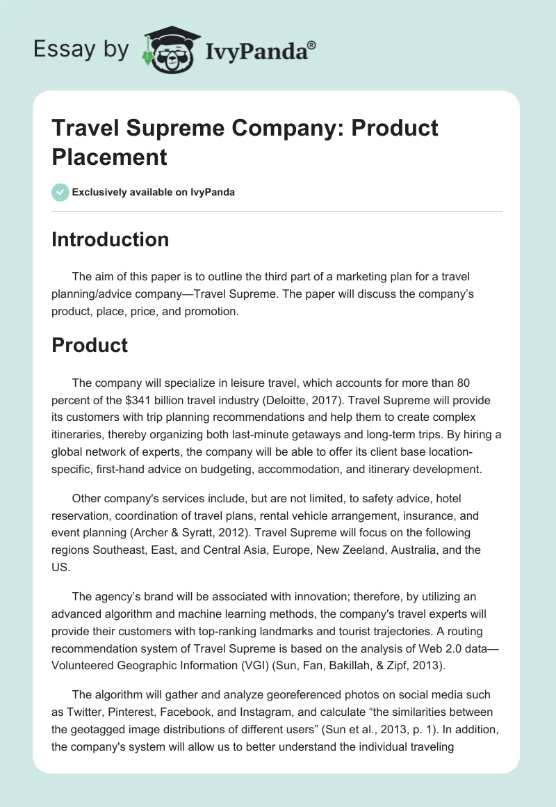 Travel Supreme Company: Product Placement. Page 1