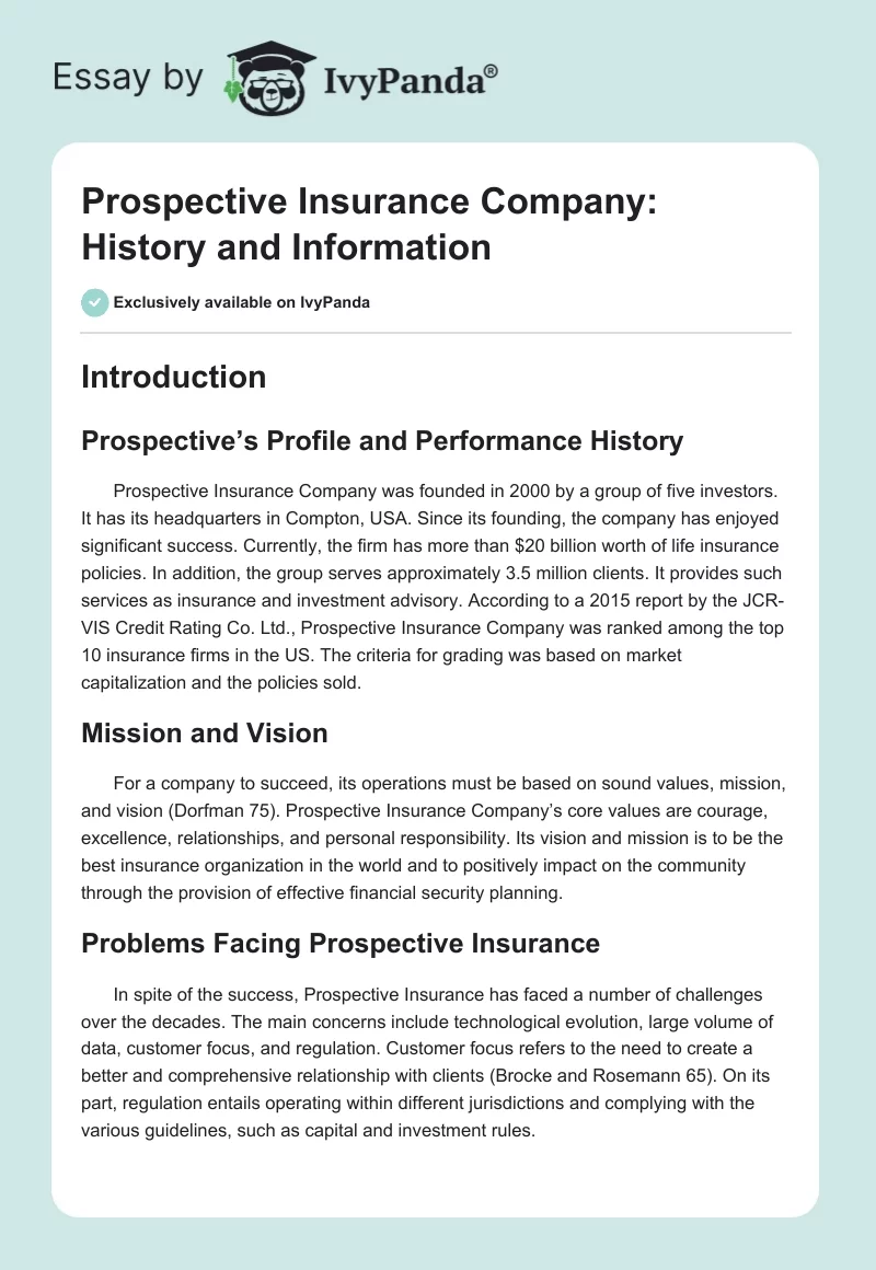 Prospective Insurance Company: History and Information. Page 1