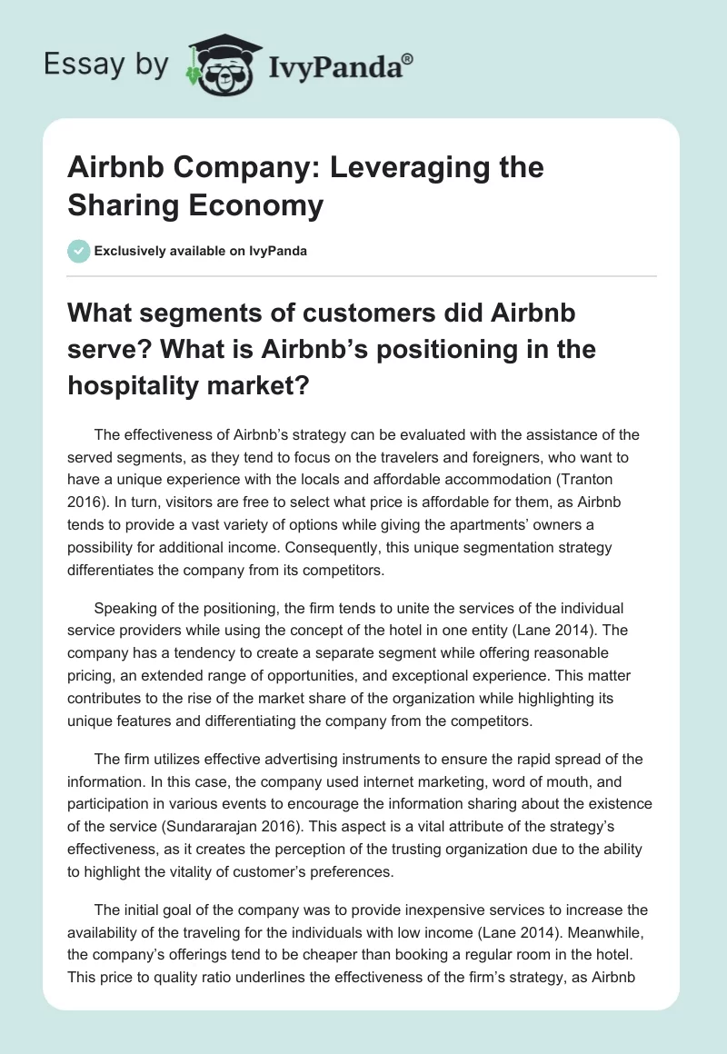 Airbnb Company: Leveraging the Sharing Economy. Page 1