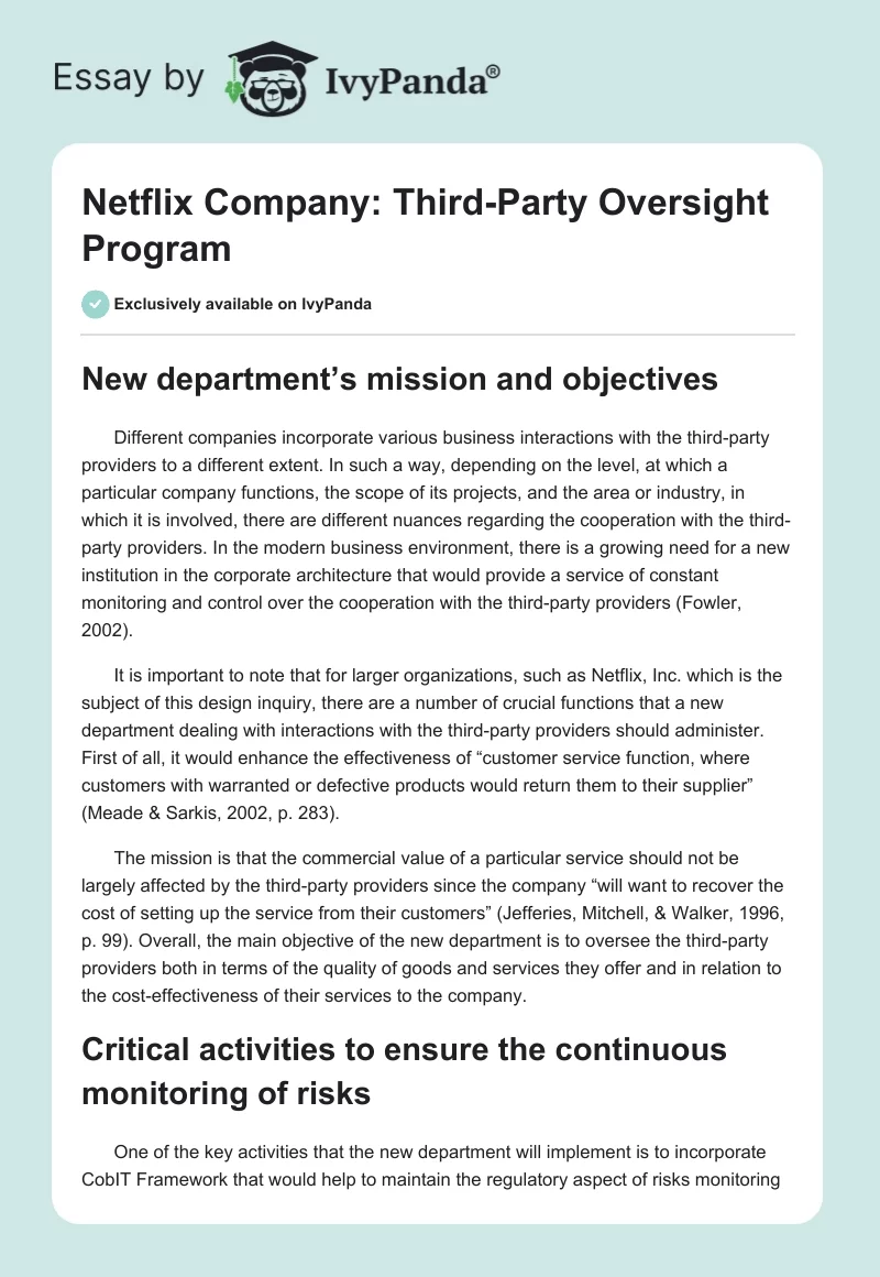 Netflix Company: Third-Party Oversight Program. Page 1