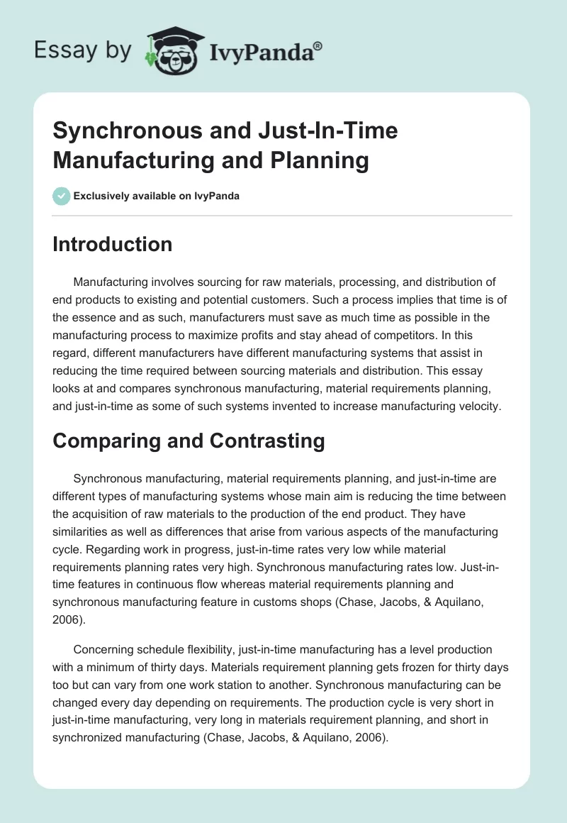 Synchronous and Just-In-Time Manufacturing and Planning. Page 1