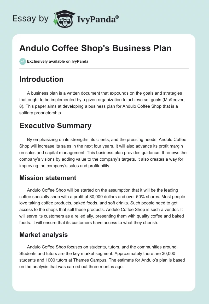 Andulo Coffee Shop's Business Plan. Page 1