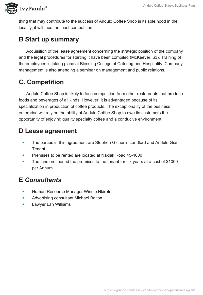 Andulo Coffee Shop's Business Plan. Page 4