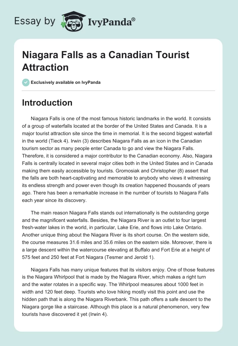 Niagara Falls as a Canadian Tourist Attraction. Page 1