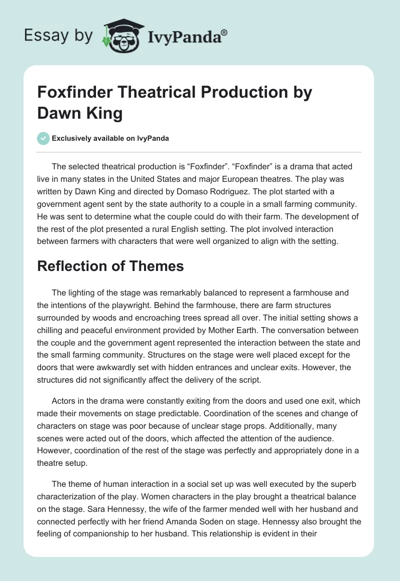 "Foxfinder" Theatrical Production by Dawn King. Page 1