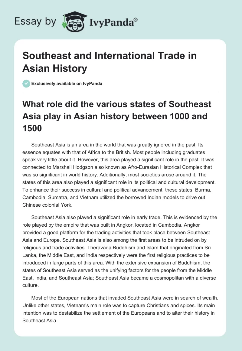 Southeast and International Trade in Asian History. Page 1