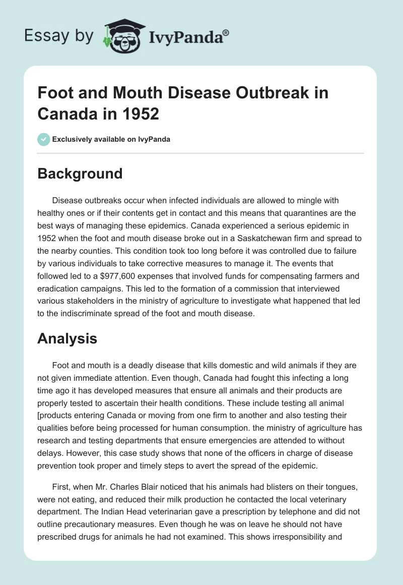 Foot and Mouth Disease Outbreak in Canada in 1952. Page 1