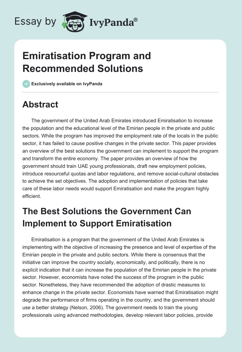 Emiratisation Program and Recommended Solutions. Page 1