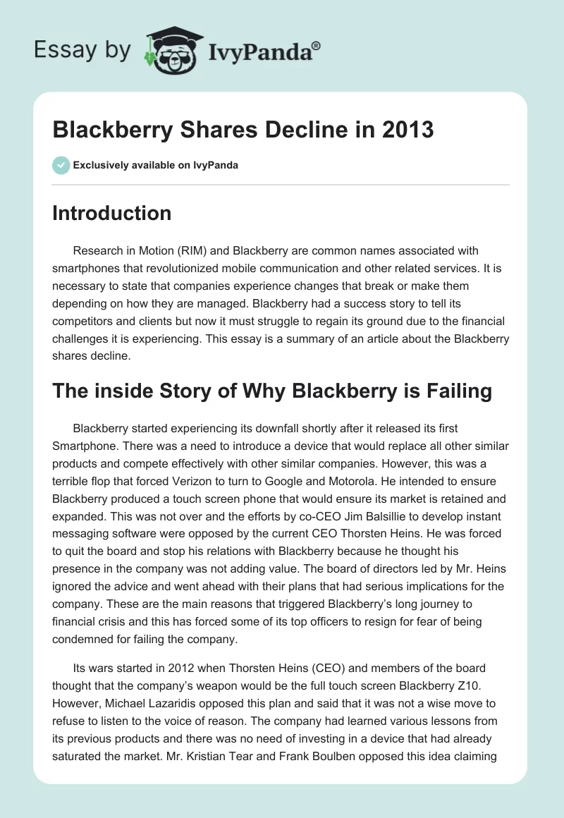 Blackberry Shares Decline in 2013. Page 1
