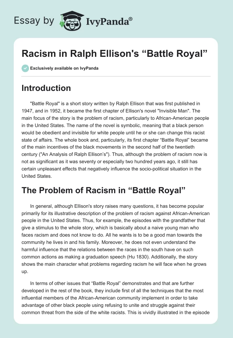 Racism in Ralph Ellison's “Battle Royal”. Page 1