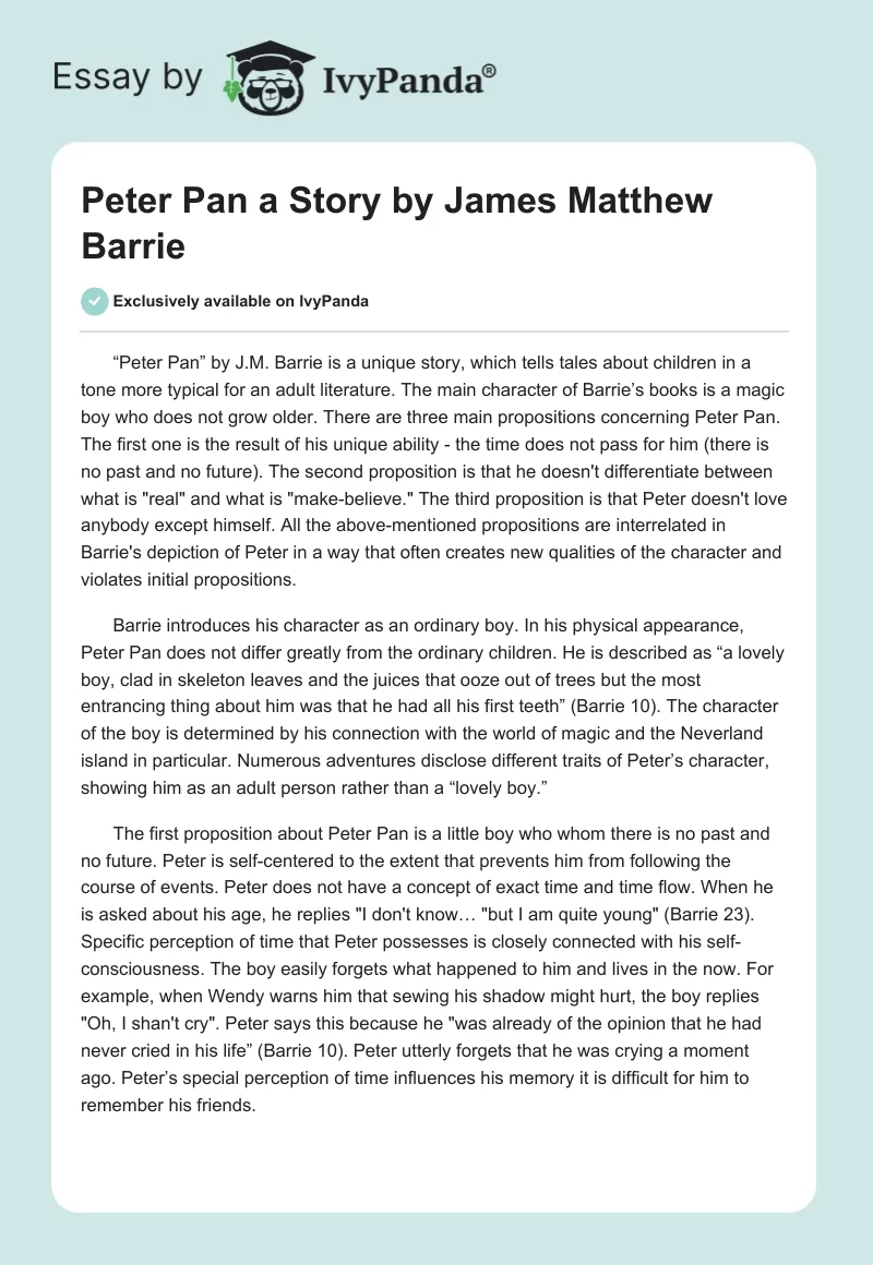 "Peter Pan" a Story by James Matthew Barrie. Page 1