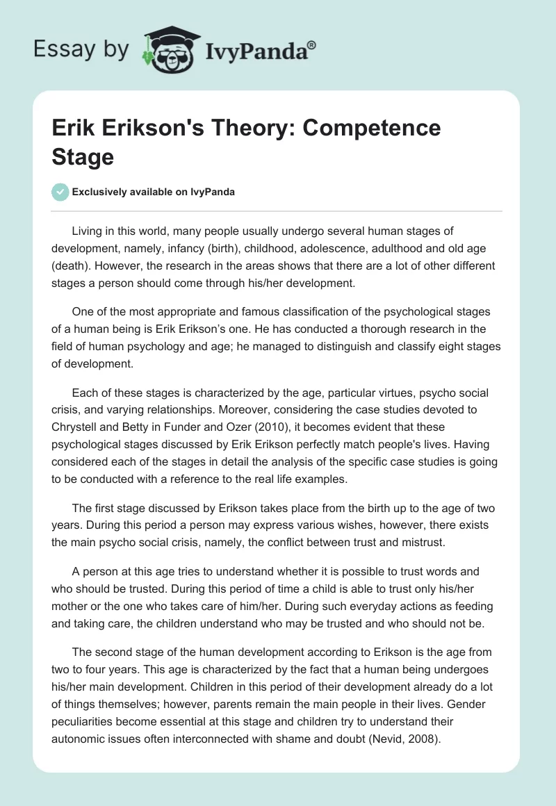 Erik Erikson's Theory: Competence Stage. Page 1