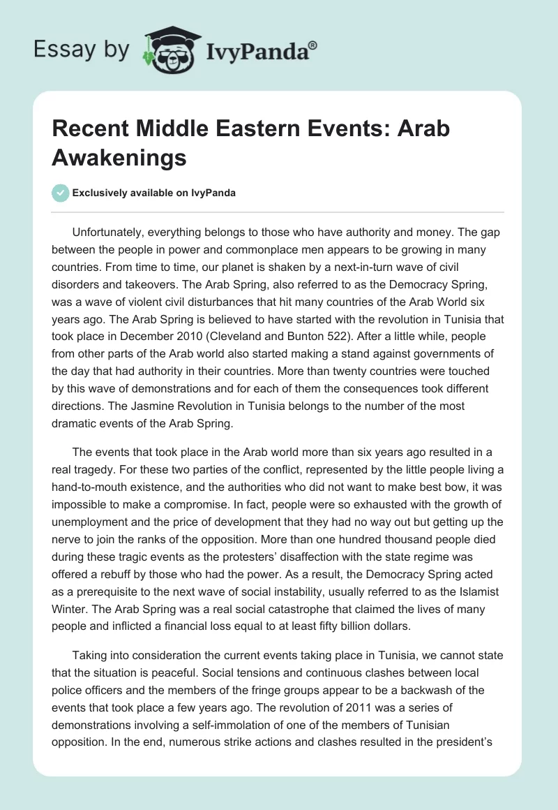 Recent Middle Eastern Events: Arab Awakenings. Page 1