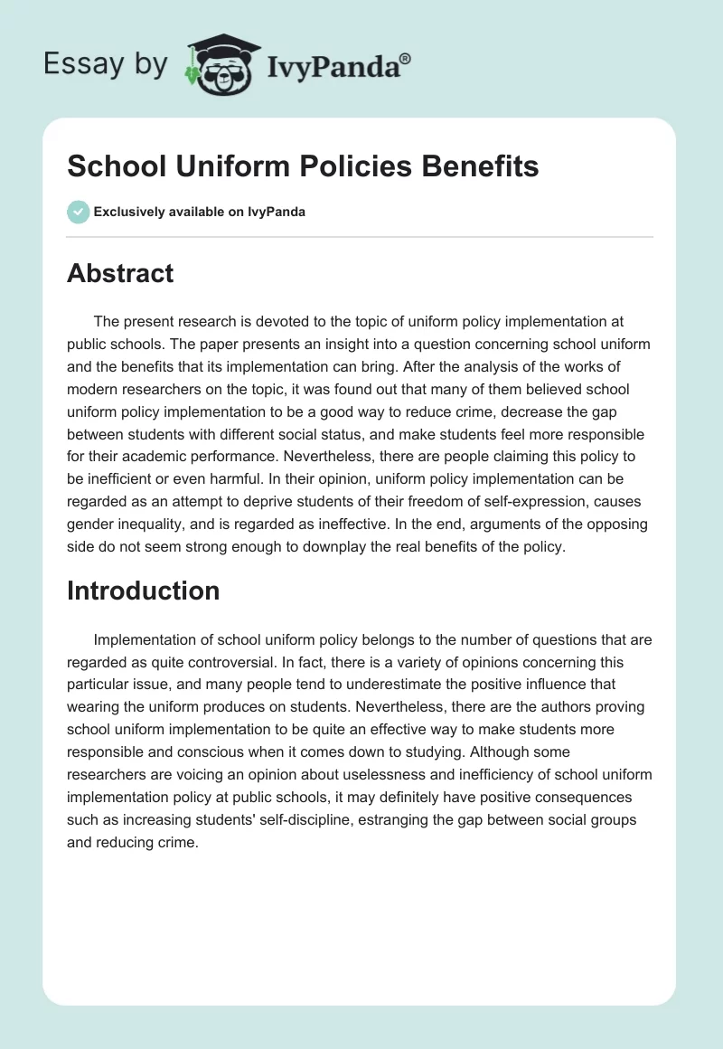 School Uniform Policies Benefits. Page 1