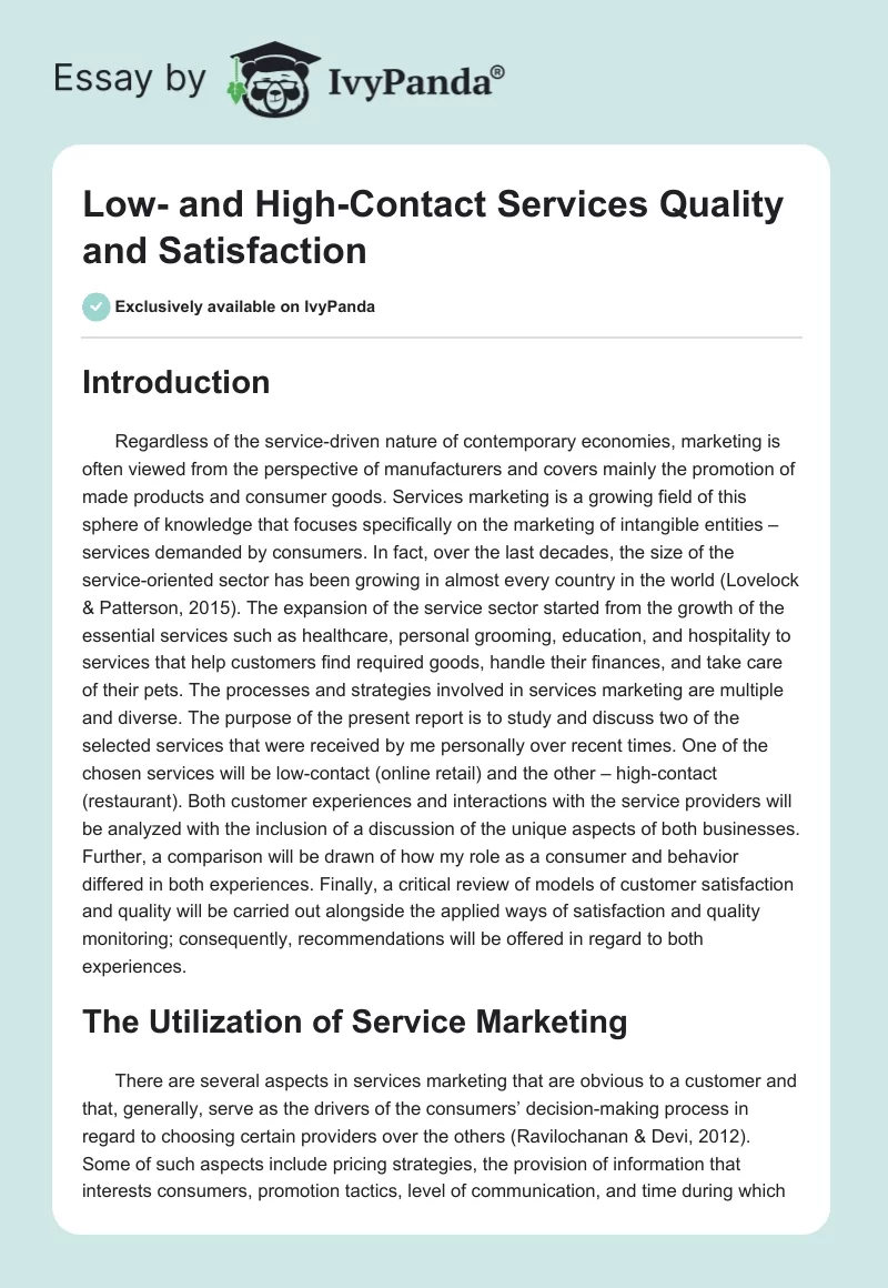 Low- and High-Contact Services Quality and Satisfaction. Page 1