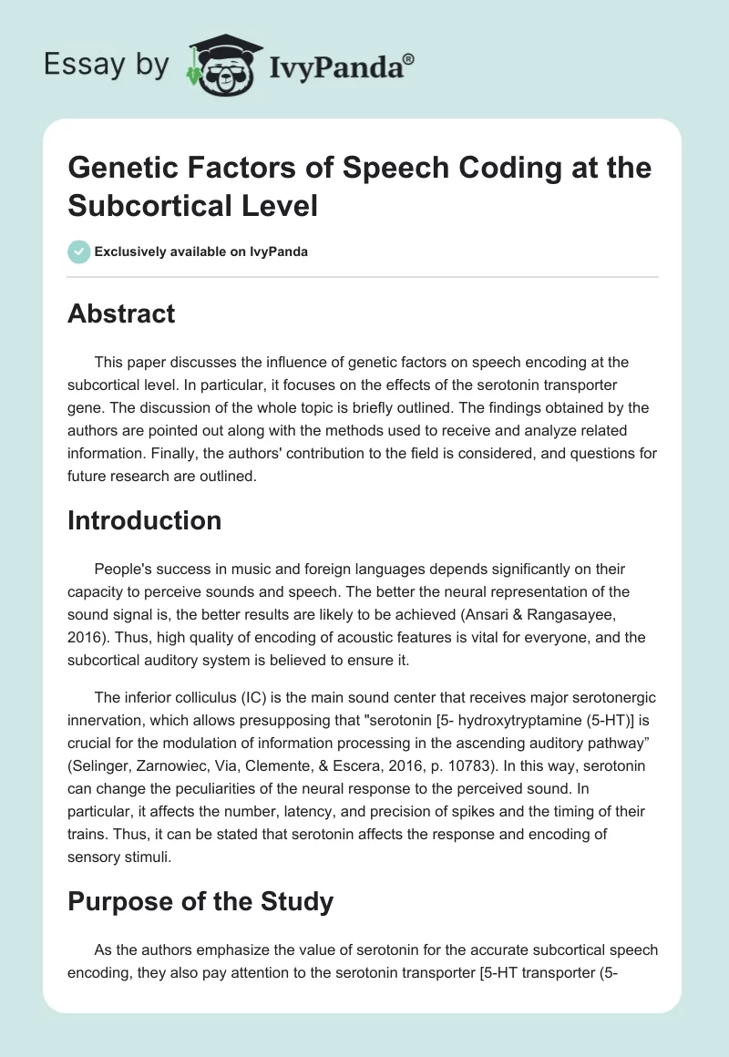 Genetic Factors of Speech Coding at the Subcortical Level. Page 1