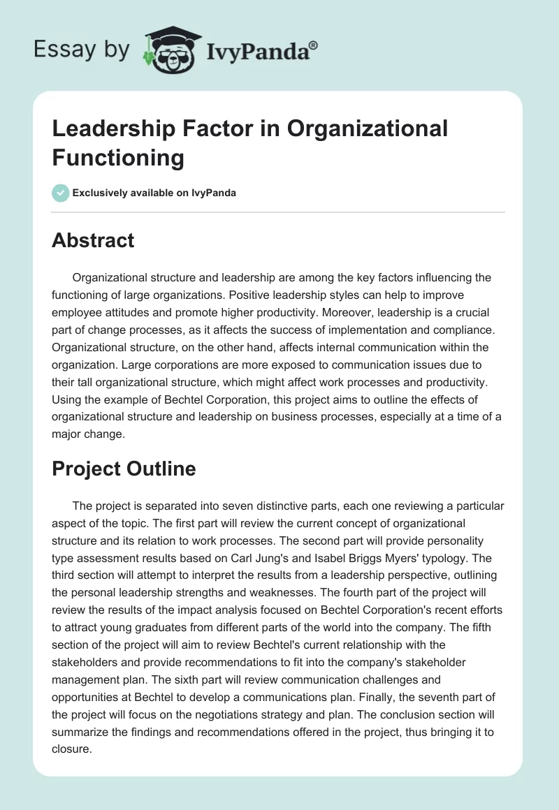 Leadership Factor in Organizational Functioning. Page 1