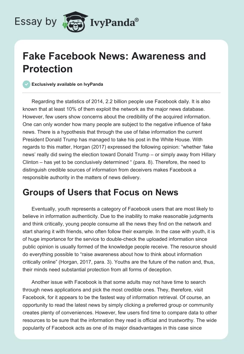 Fake Facebook News: Awareness and Protection. Page 1