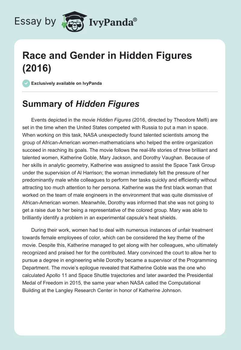 Race and Gender in "Hidden Figures" (2016). Page 1