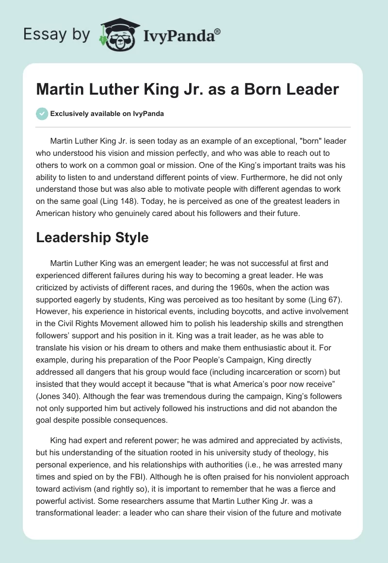 Martin Luther King Jr. as a Born Leader. Page 1