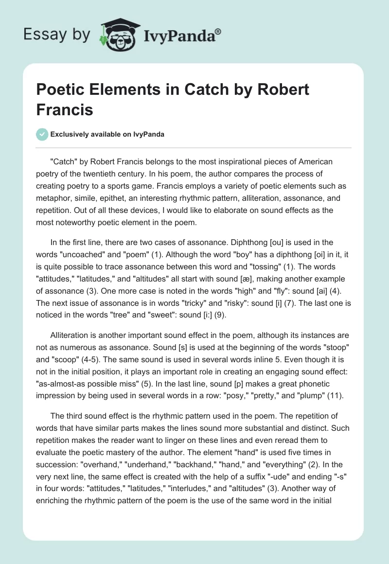 Poetic Elements in "Catch" by Robert Francis. Page 1