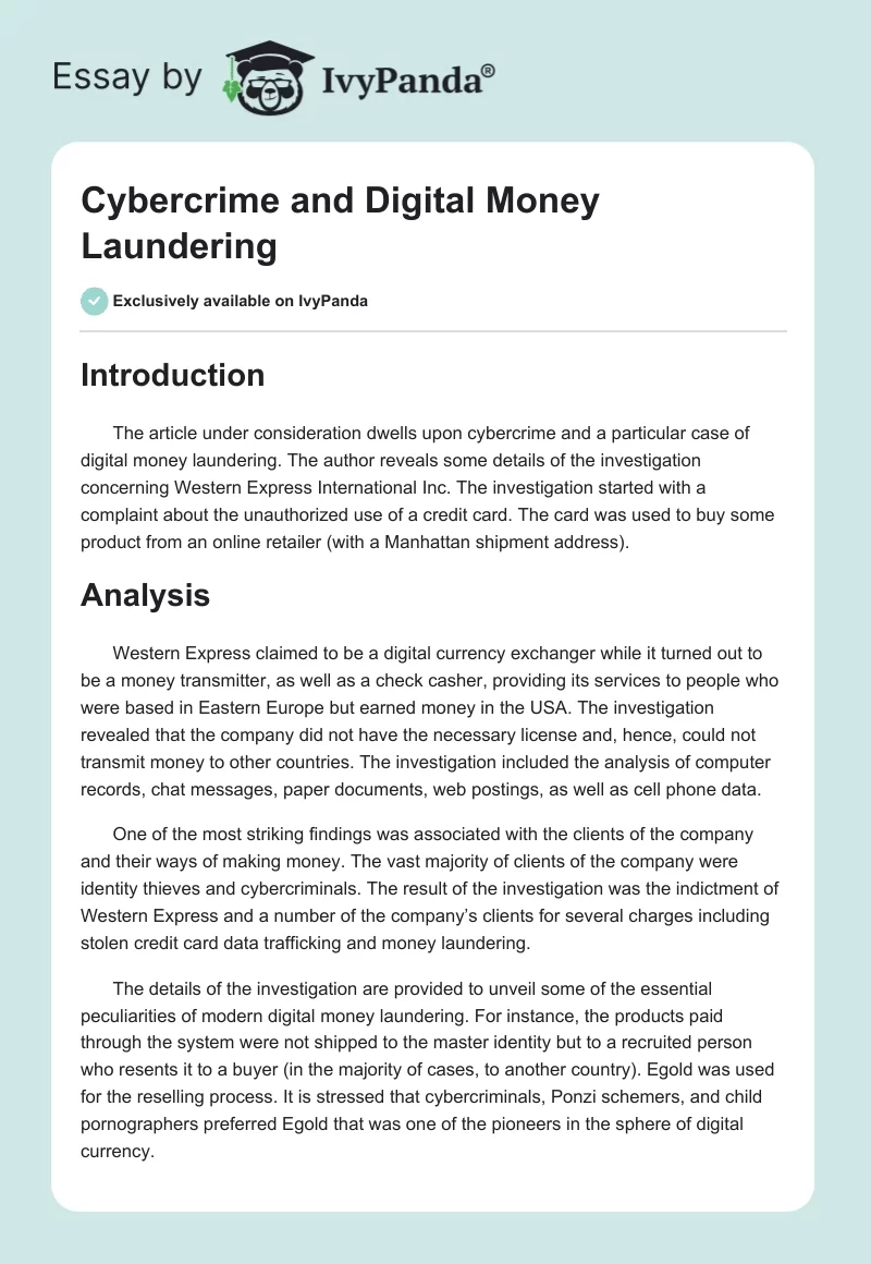 Cybercrime and Digital Money Laundering. Page 1