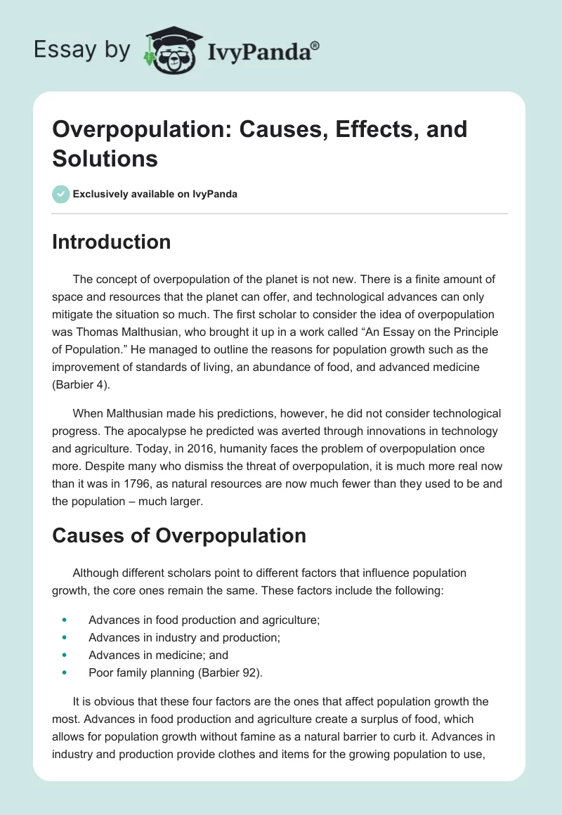 Overpopulation: Causes, Effects, and Solutions. Page 1