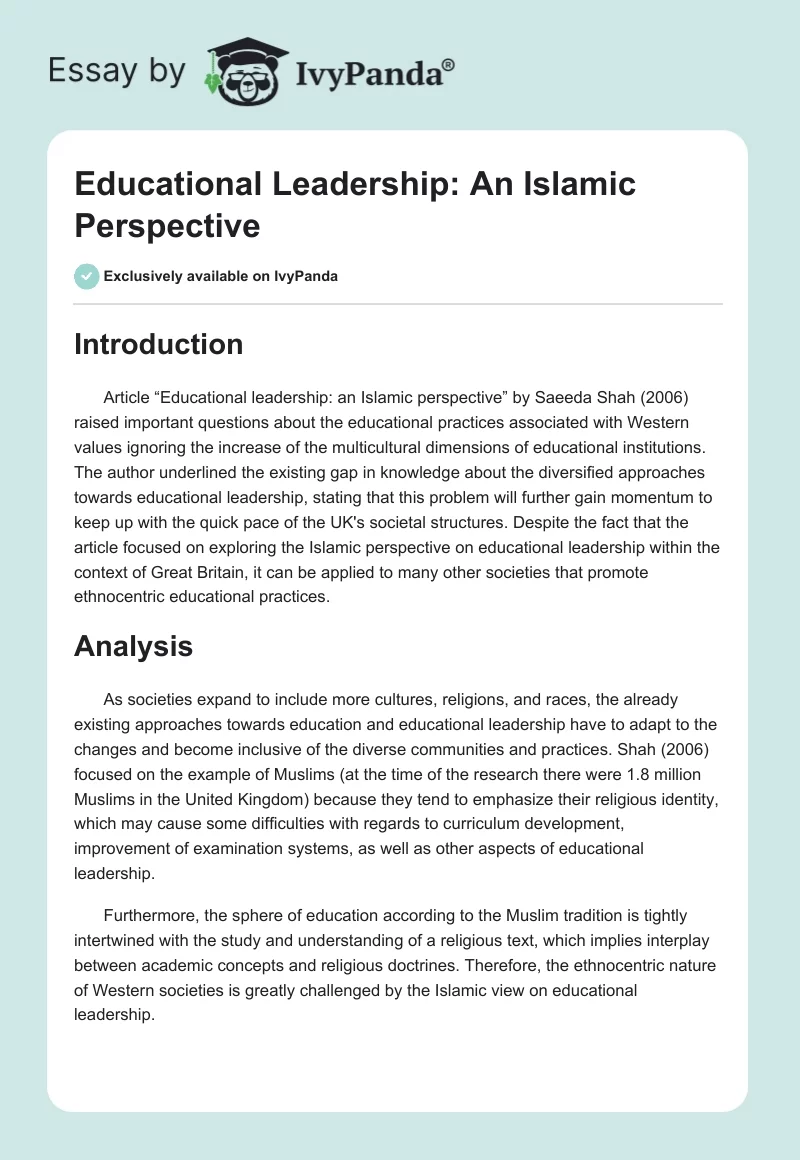 Educational Leadership: An Islamic Perspective. Page 1