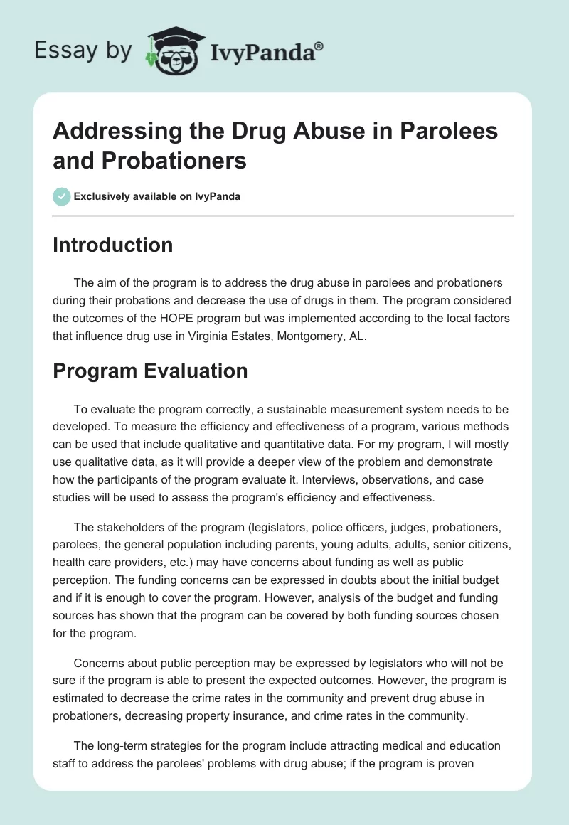 Addressing the Drug Abuse in Parolees and Probationers. Page 1