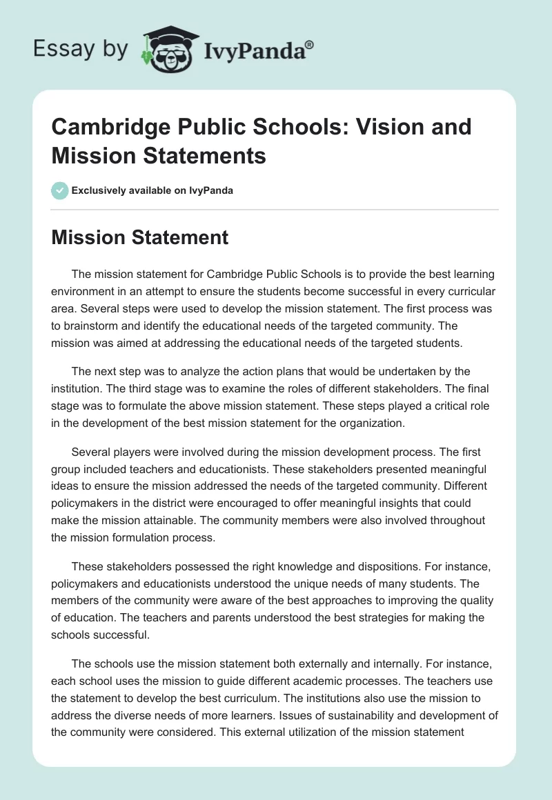Cambridge Public Schools: Vision and Mission Statements. Page 1