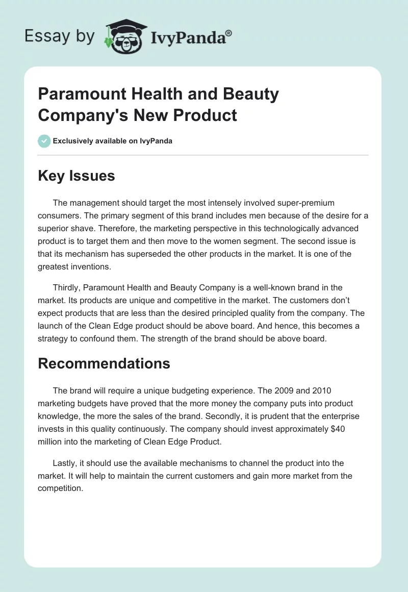 Paramount Health and Beauty Company's New Product. Page 1