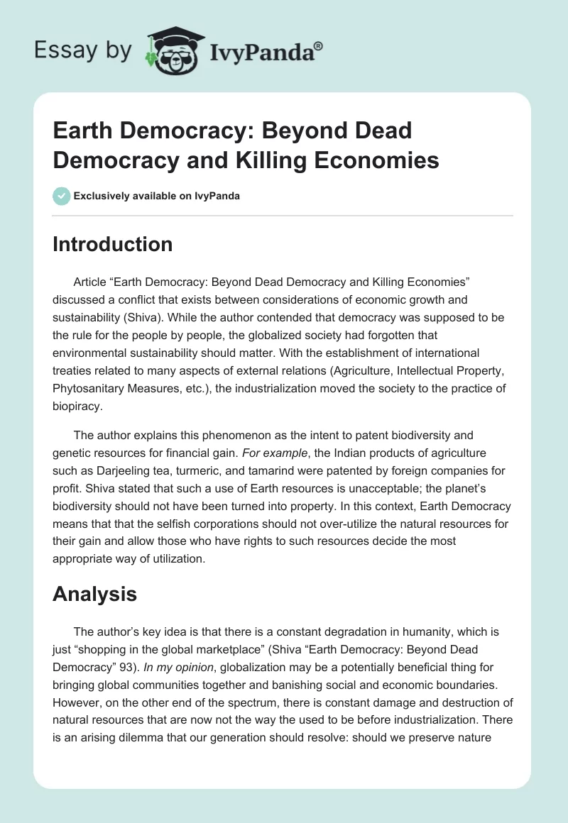 Earth Democracy: Beyond Dead Democracy and Killing Economies. Page 1