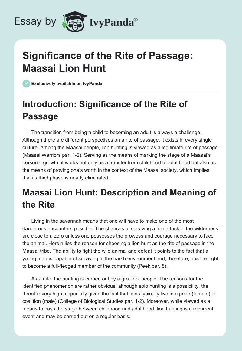 Significance of the Rite of Passage: Maasai Lion Hunt. Page 1