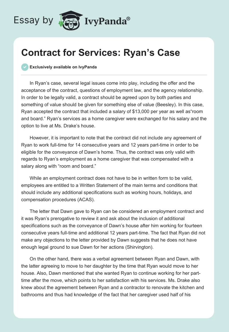 Contract for Services: Ryan’s Case. Page 1