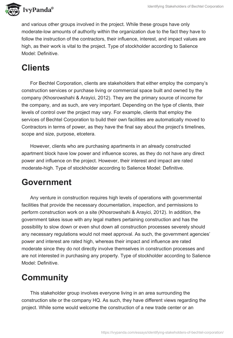 Identifying Stakeholders of Bechtel Corporation. Page 2
