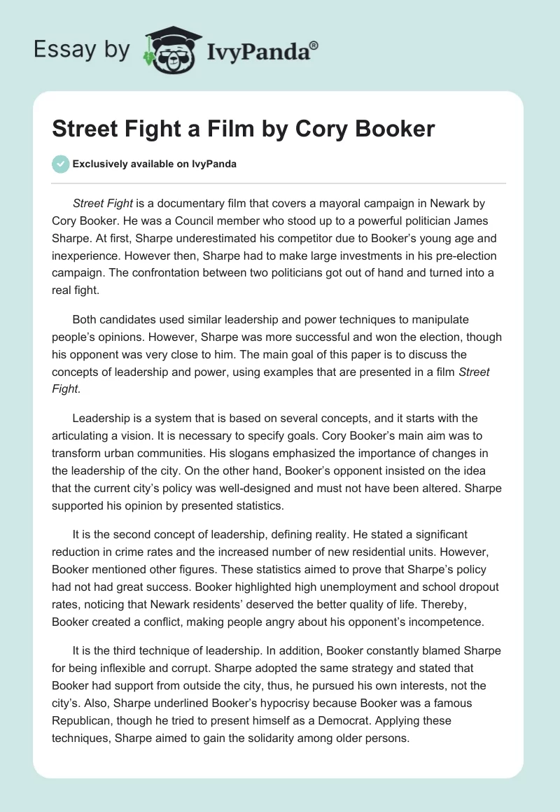 "Street Fight" a Film by Cory Booker. Page 1