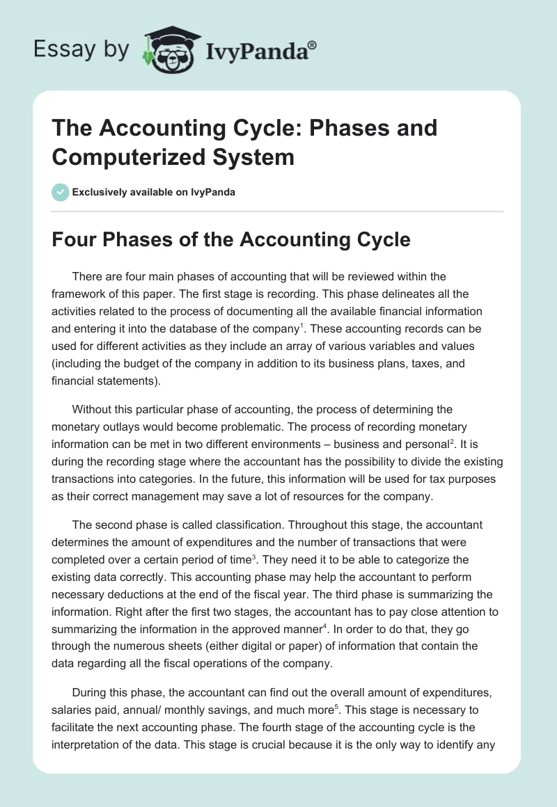 The Accounting Cycle: Phases and Computerized System. Page 1