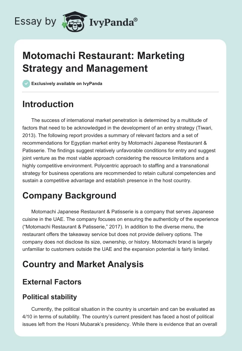 Motomachi Restaurant: Marketing Strategy and Management. Page 1
