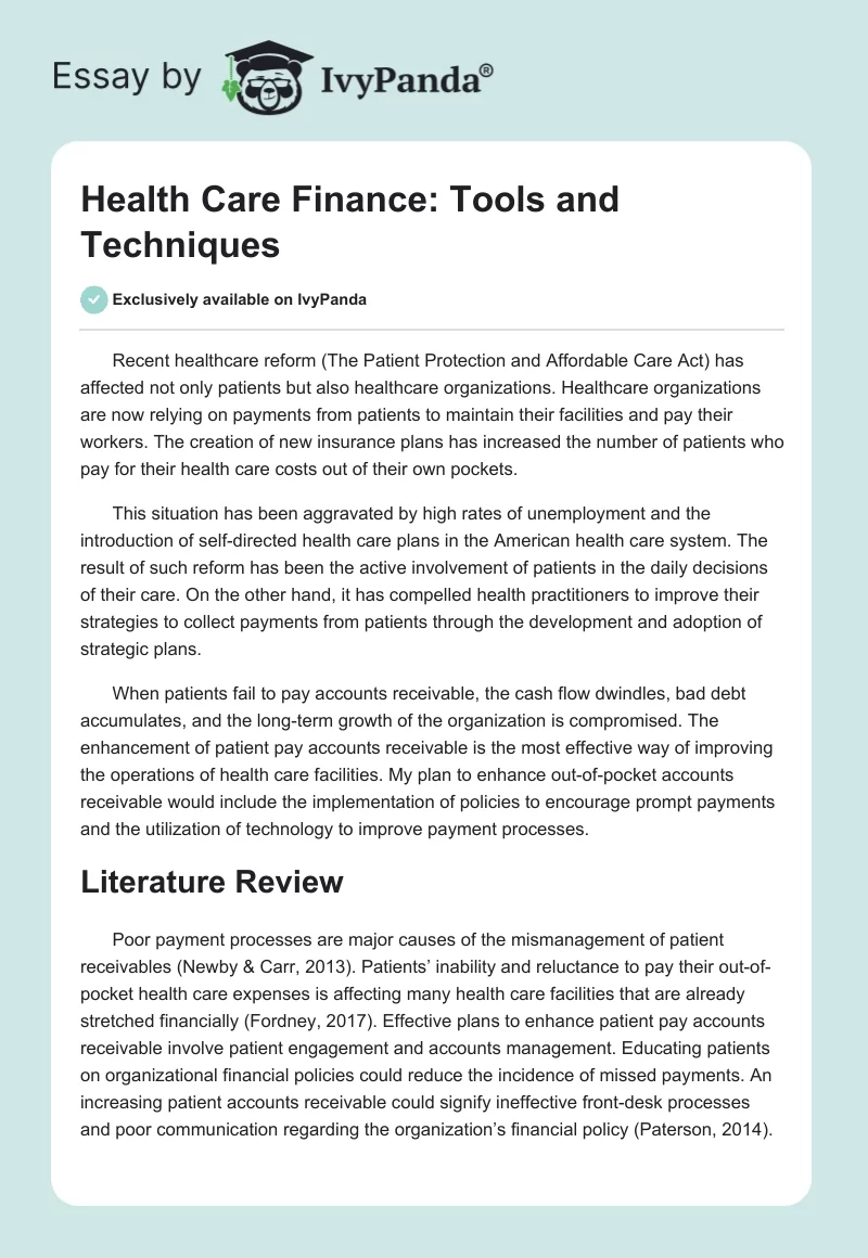 Health Care Finance: Tools and Techniques. Page 1